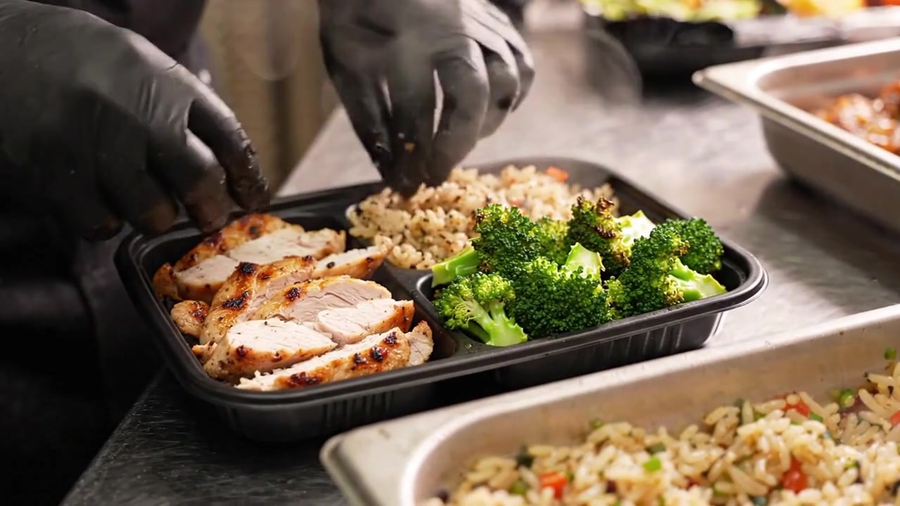 A freshly plated FuelWorks Kitchen meal with glazed chicken, rice, and broccoli